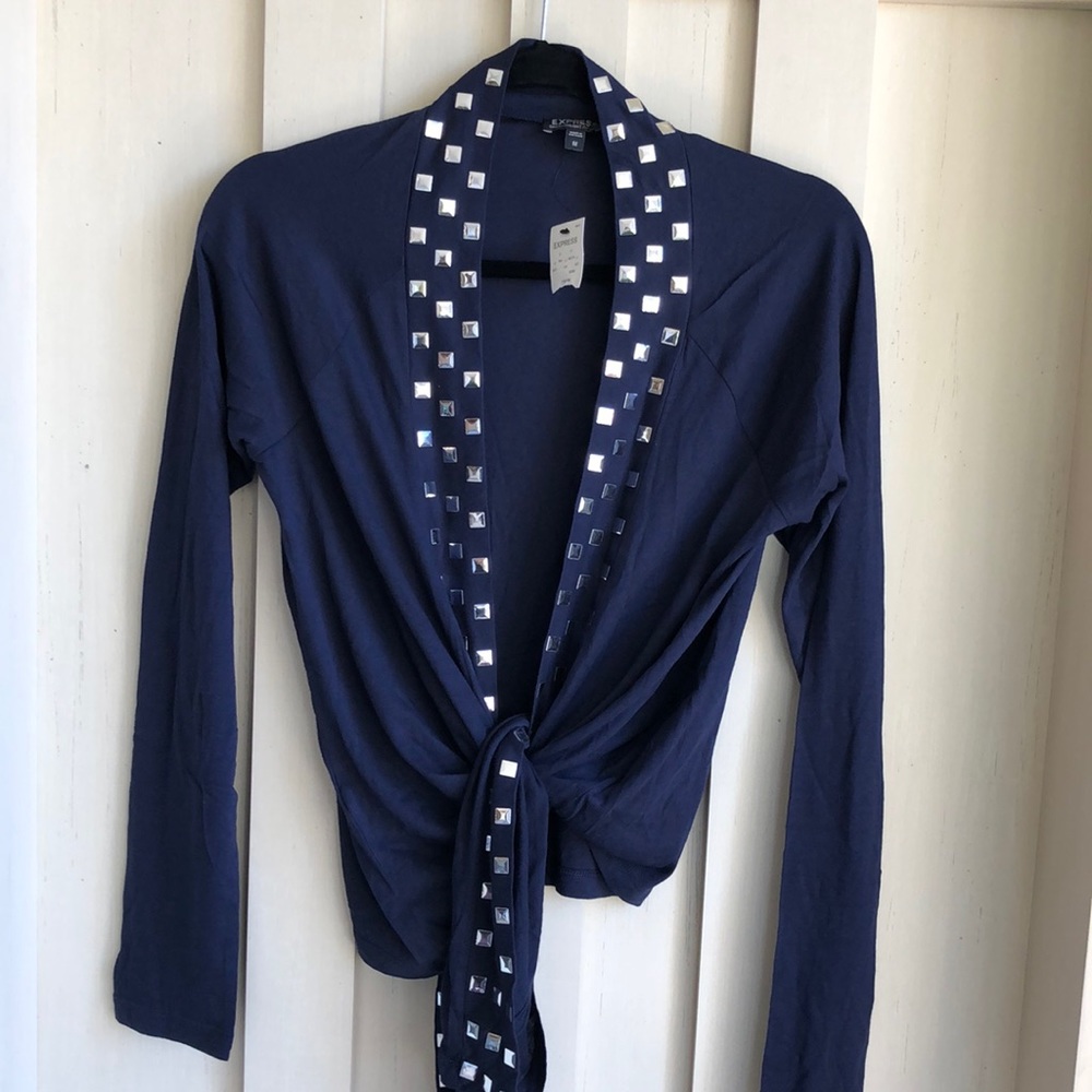 Express Navy Blue Stud-Trim Tie-Front Cardigan
